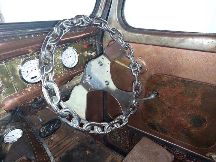 Rat Rod Chain Steering Wheel & Inlaid Brass Dashboard